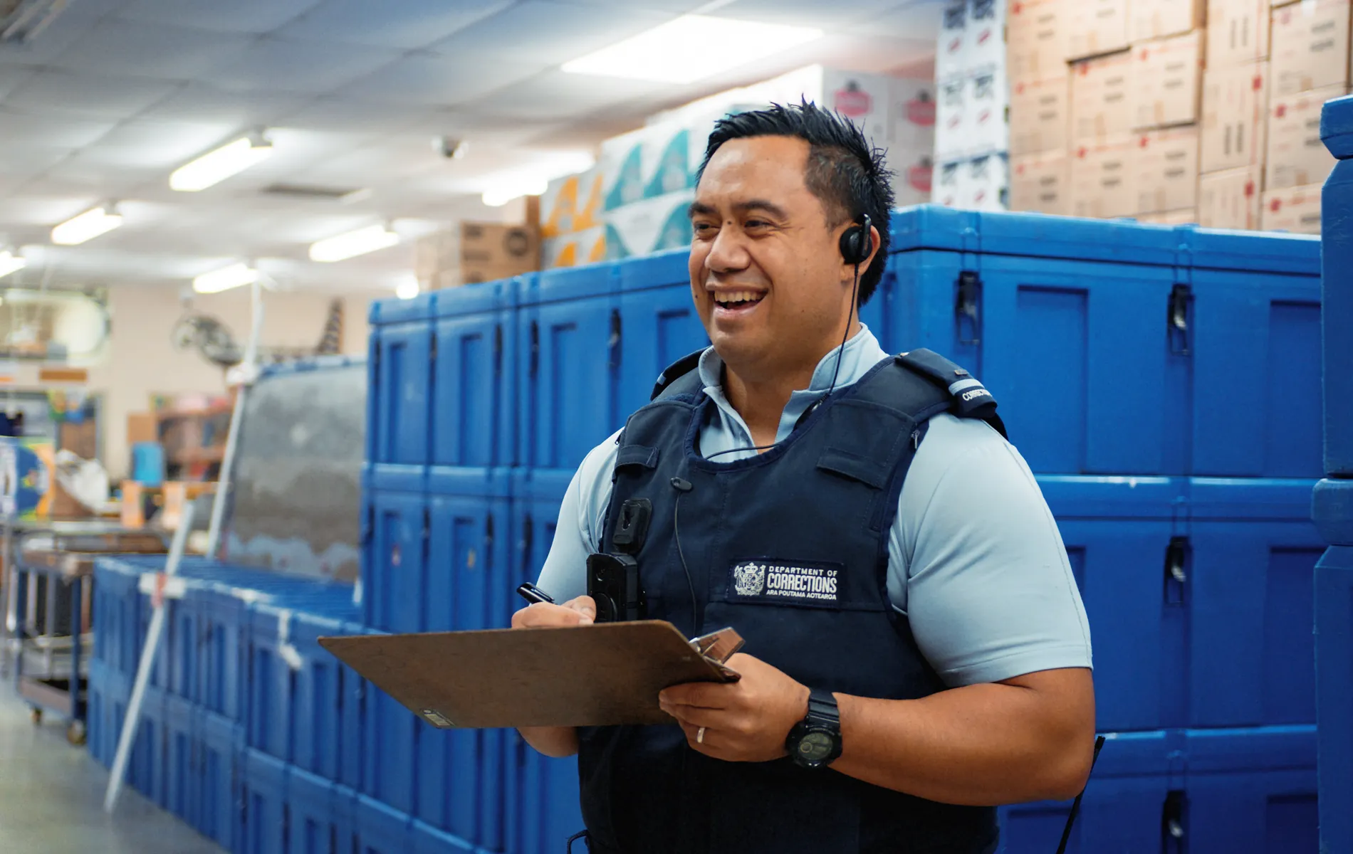 Instructor working in a warehouse with offenders