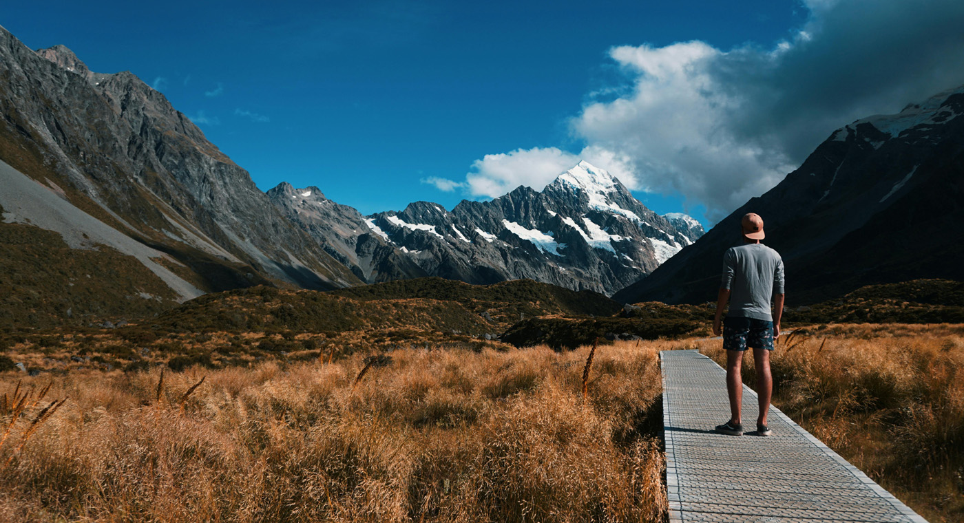Person stands on boardwalk on a hiking track, looking out at mountains
