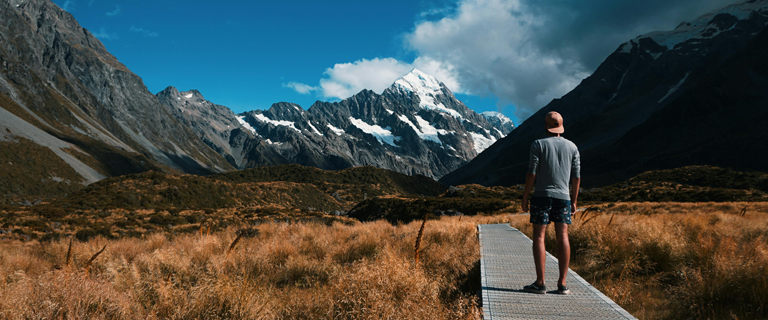 Person stands on boardwalk on a hiking track, looking out at mountains